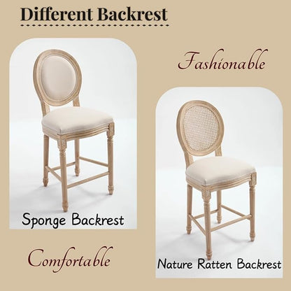 French Country Upholstered Bar Stools Set of Two, Natural Rattan Round Backrest, Solid Wood Frame with Carving and Wire Drawing Techniques, Vintage Dining Chairs for Kitchen Island (Beige B)