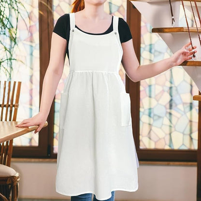 Cityelf Vintage Pinafore Apron Dress Snap Adjust Linen Cotton with Pockets Floral Aprons for Cooking Gardening