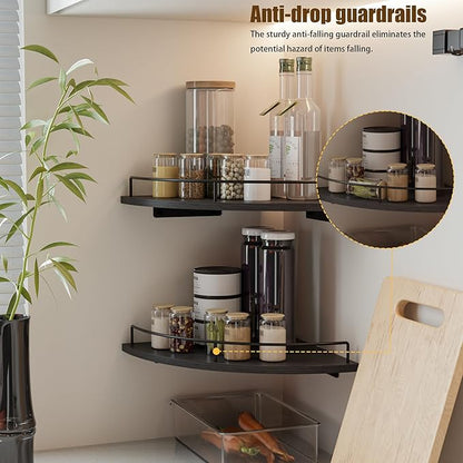 Corner Floating Shelves, Rustic Brown Wood, Set of 2, Wall Mount Storage with Guardrail for Bathroom Kitchen Living Room (Black)