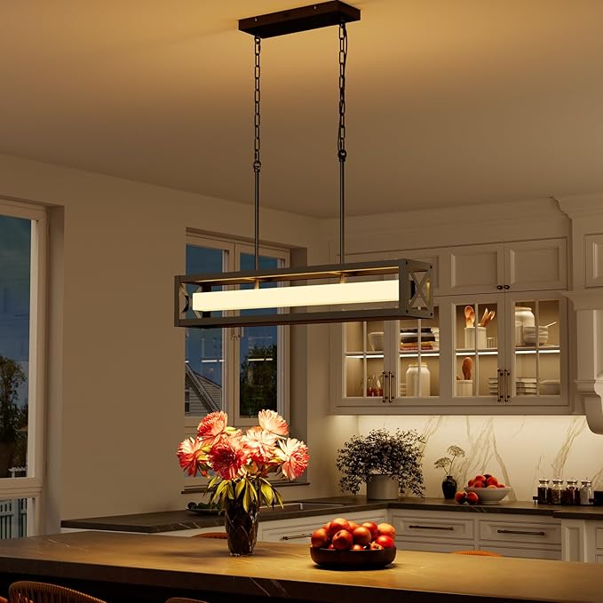31.5" Farmhouse Kitchen Island Lighting, Black Rectangular Chandeliers for Dining Room Light Fixture, 30W LED Dimmable Linear Pendant Light for Kitchen Island Over Table with Remote