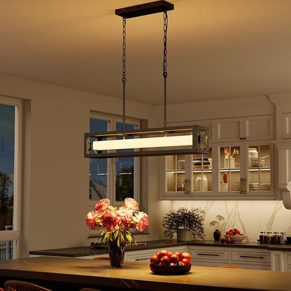 31.5" Farmhouse Kitchen Island Lighting, Black Rectangular Chandeliers for Dining Room Light Fixture, 30W LED Dimmable Linear Pendant Light for Kitchen Island Over Table with Remote