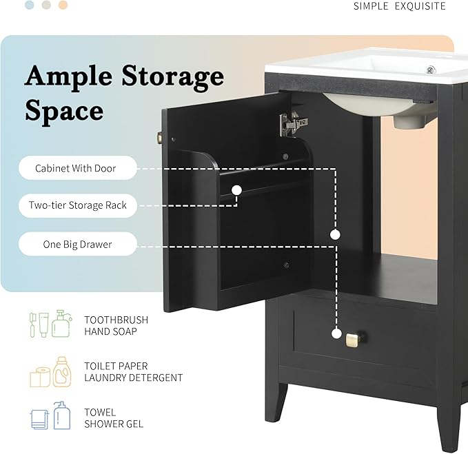 20" Bathroom Vanity with Ceramic Sink Top Set, Multi-Functional Storage Cabinet with Rack Organizer and Drawer, Soft-Closing Door, Solid Wood Frame, Black