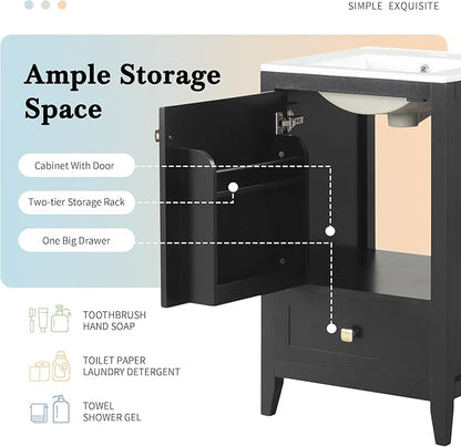 20" Bathroom Vanity with Ceramic Sink Top Set, Multi-Functional Storage Cabinet with Rack Organizer and Drawer, Soft-Closing Door, Solid Wood Frame, Black