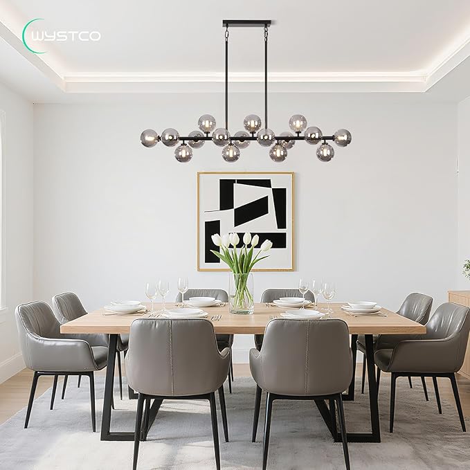 56 Inch Black Linear Chandeliers for Dining Room, Kitchen Island, Living Room, 16-Light Mid Century Modern Light Fixture Over Table, Large Smoke Grey Glass Globe Sputnik Bubble Chandelier