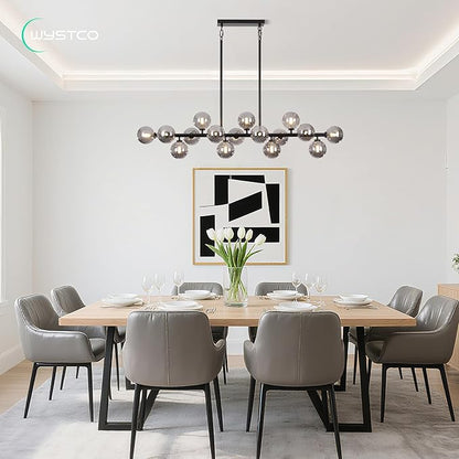 56 Inch Black Linear Chandeliers for Dining Room, Kitchen Island, Living Room, 16-Light Mid Century Modern Light Fixture Over Table, Large Smoke Grey Glass Globe Sputnik Bubble Chandelier