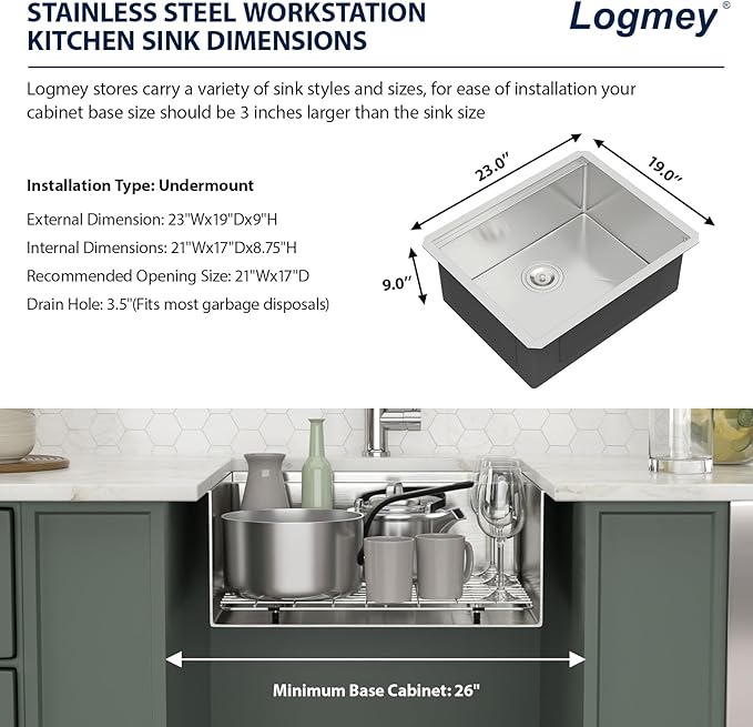 Logmey 23 Undermount Bar Sink - 23x19 Stainless Steel Kitchen Sinks Under Ledge Workstation Sink 16 Gauge Single Bowl Bar Prep Sinks Basin