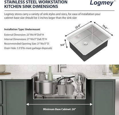 Logmey 23 Undermount Bar Sink - 23x19 Stainless Steel Kitchen Sinks Under Ledge Workstation Sink 16 Gauge Single Bowl Bar Prep Sinks Basin