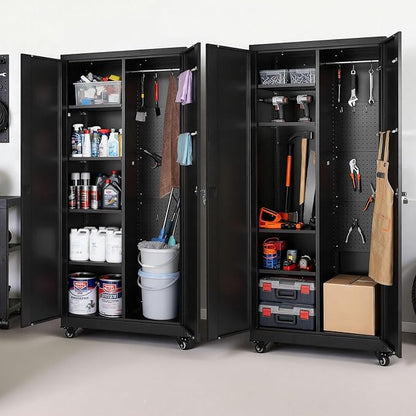 VEVOR Metal Storage Cabinet, 70.6 in Rolling Steel Garage Cabinet with Adjustable Shelves, 2 Magnetic Doors, Hanging Rod & 3 Rod Hooks, 5 Tiers Lockable Tool Storage for Pantry, Warehouse, Basement