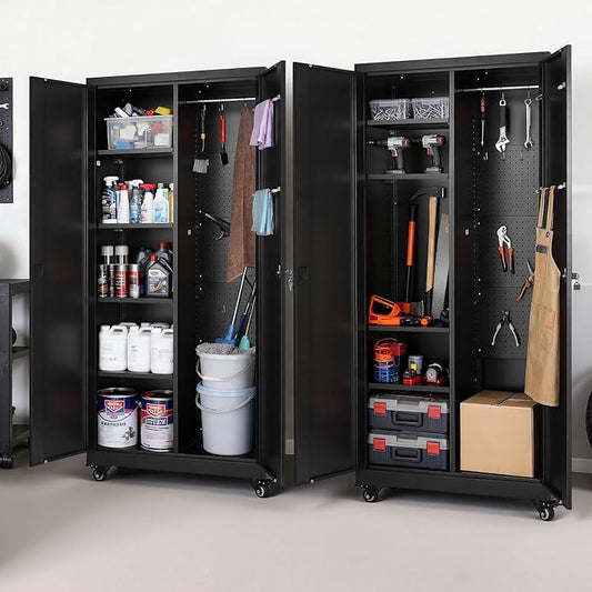 VEVOR Metal Storage Cabinet, 70.6 in Rolling Steel Garage Cabinet with Adjustable Shelves, 2 Magnetic Doors, Hanging Rod & 3 Rod Hooks, 5 Tiers Lockable Tool Storage for Pantry, Warehouse, Basement
