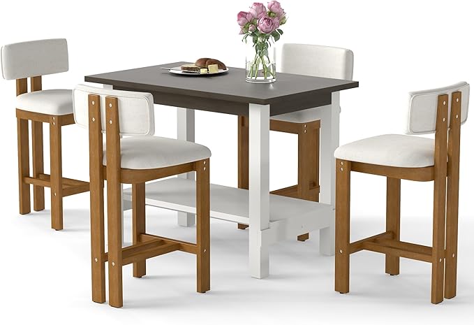 5-Piece Counter Height Dining Table Set for 4, Bar Height Table and 4 Bar Stools for Kitchen Island/Dining Room(Brown Table & White Barstools)