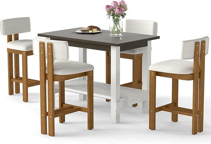 5-Piece Counter Height Dining Table Set for 4, Bar Height Table and 4 Bar Stools for Kitchen Island/Dining Room(Brown Table & White Barstools)