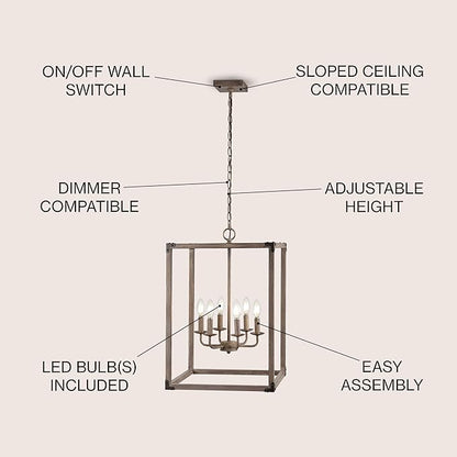 JONATHAN Y 16" Brown Rustic Farmhouse 6-Light LED Pendant, Adjustable Iron Lantern Chandelier for Kitchen Island, Barnwood Wood Grain Finish (JYL7476A)