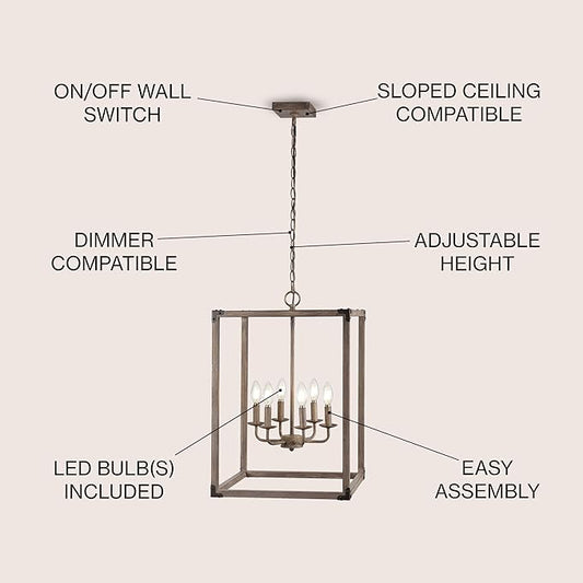 JONATHAN Y 16" Brown Rustic Farmhouse 6-Light LED Pendant, Adjustable Iron Lantern Chandelier for Kitchen Island, Barnwood Wood Grain Finish (JYL7476A)