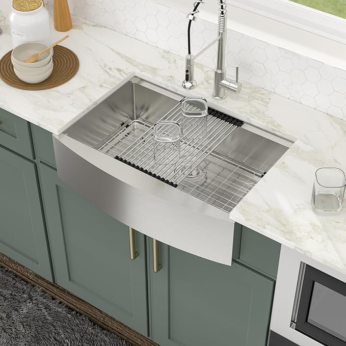 Logmey 30 In Farmhouse Sink, 30x21 Stainless Steel Flat Apron Front Kitchen Sink Workstation, Undermount 16 Gauge Single Bowl Farm Sinks for Kitchen