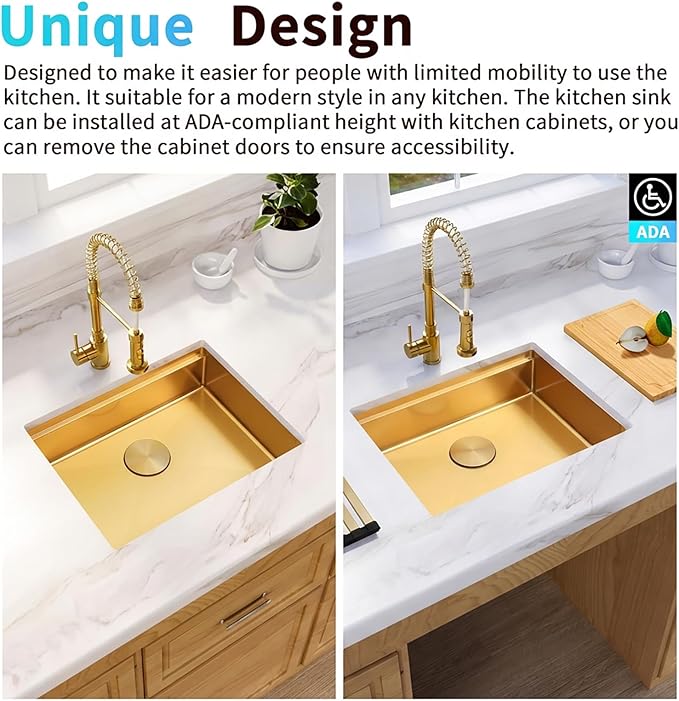 Gold Undermount Kitchen Sink, 16 Guage 304S Stainless Steel Workstation Sinks with Full Set Accessories, 30" x 18" x 6" Single Bowl ADA-Compliant Kitchen Sink, 6 Inch Deep Gold ADA Sink