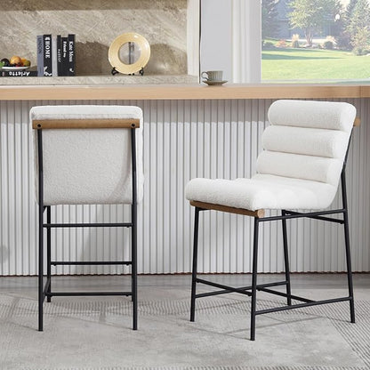 White Boucle Bar stools Set of 4, 25” Modern Upholstered Counter stools with Black Metal Legs, Sherpa Counter Height Chairs for Kitchen Island Armless Stool with Channel Tufted Back