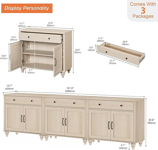 WAMAPT Buffet Cabinet with 6 Doors and 4 Drawers, Large Coffee Bar Table Wood Kitchen Storage Cabinets with Storage Cabinets, Modern Farmhouse Sideboard Credenza for Dining Room, Light Oak, 101 inch