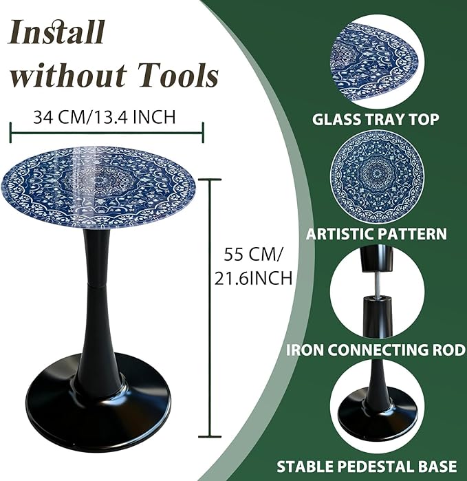 Simmer Stone 13.4" Outdoor Side Table, Round Patio Bistro Table Printed Tempered Glass Top, Waterproof Rust-Proof Base, Small Plant Stand for Balcony, Garden, Deck, 21.6" H (Blue Maze)