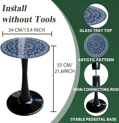 Simmer Stone 13.4" Outdoor Side Table, Round Patio Bistro Table Printed Tempered Glass Top, Waterproof Rust-Proof Base, Small Plant Stand for Balcony, Garden, Deck, 21.6" H (Blue Maze)