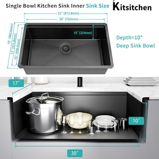 Kitsitchen Black Undermount Kitchen Sink, Black Stainless Steel Kitchen Sink, 32 Inch Large and Deep Handmade Single Bowl Kitchen Sinks with Practical Accessories, 16G Stainless Steel Material