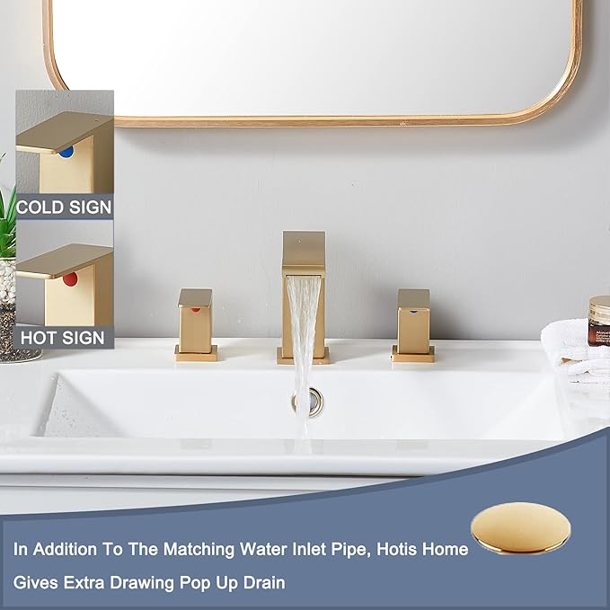 Brushed Gold Bathroom Sink Faucet, 3 Hole Waterfall Bathroom Faucet, 2 Handle Vanity Bath Faucets, Modern Bathroom Faucet with Supply Hoses and Drain