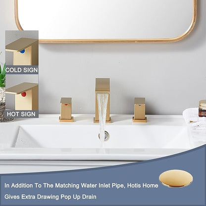 Brushed Gold Bathroom Sink Faucet, 3 Hole Waterfall Bathroom Faucet, 2 Handle Vanity Bath Faucets, Modern Bathroom Faucet with Supply Hoses and Drain