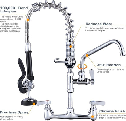 Commercial Kitchen Faucet Wall Mount with Pre-Rinse Sprayer 21" Height Wall Mount Kitchen Sink Faucet 8 Inch Center with 10" Add-on Swing Spout Faucet & Coiled Spring Pull Down Spray