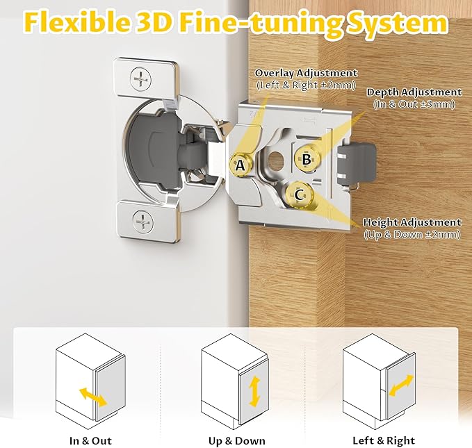 Onemake 2 Pack 1/2" Overlay Soft Close Cabinet Hinges, Clip-on Plate, 105° Smooth Slow Self Closing, 3D Adjustment, Face Frame Concealed Hardware Replacement, Hidden Hinge for Kitchen Cupboard