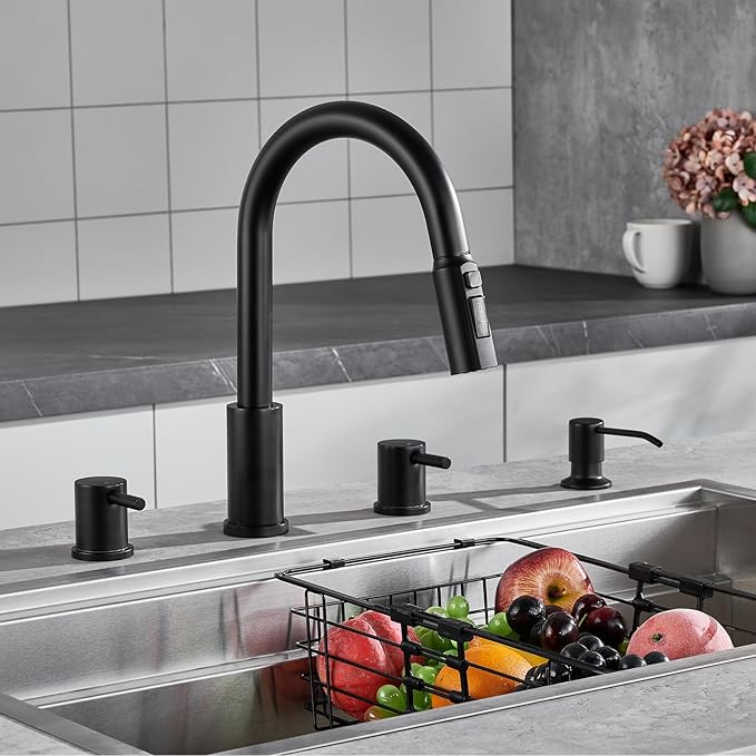 Tohlar 4 Hole Kitchen Faucet, Brushed Gold Kitchen Faucet with Soap Dispenser and Pull Down Sprayer 3 Modes Kitchen Sink Faucets, Stainless Steel High Arch Kitchen Sink Faucet with Separate Handle