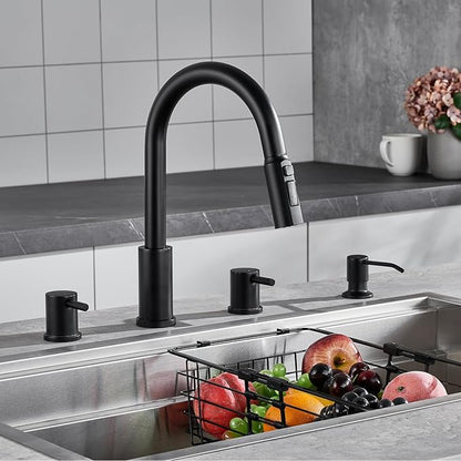 Tohlar 4 Hole Kitchen Faucet, Brushed Gold Kitchen Faucet with Soap Dispenser and Pull Down Sprayer 3 Modes Kitchen Sink Faucets, Stainless Steel High Arch Kitchen Sink Faucet with Separate Handle