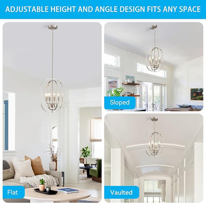 XINGQI 12.2" Modern Brushed Nickel Chandelier Farmhouse 4-Light for Dining Room Small Geometric Adjustable Rustic Pendant Lighting Fixture for Entryway Living Room Kitchen Foyer