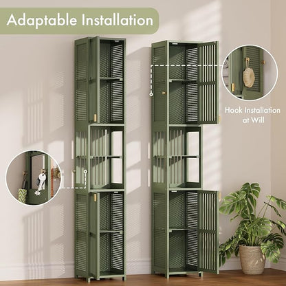 Amazer 70'' Tall Bathroom Storage Cabinet Bamboo, Slim Storage Cabinet with Rattan Door and Adjustable Shelves, Narrow Freestanding Organizer for Living Room Kitchen, Forest Green