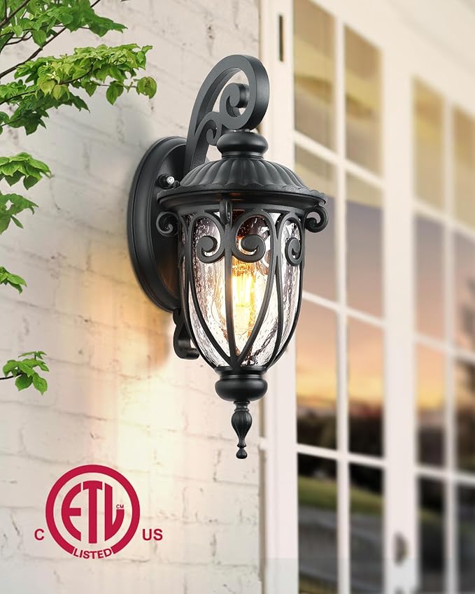 VIANIS Outdoor Light Fixture Dusk to Dawn, 2 Pack Outdoor Lights for House, Black Exterior Lighting Fixtures, Waterproof Outside Lights for House, Garage, Porch, Anti-Rust, Seeded Glass, Vintage Style