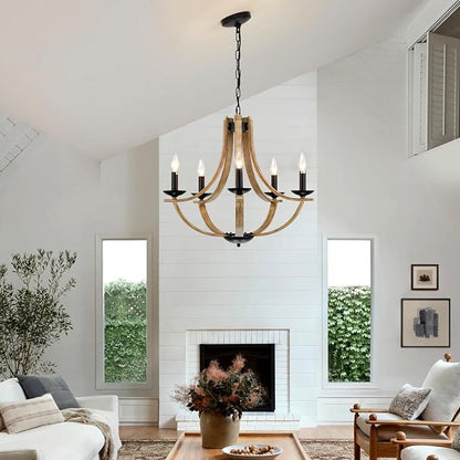 LAMPKEDUO Farmhouse Chandeliers for Dining Room Light Fixture, 5-Light 24 inch Faux Wood Texture Hanging Lighting Fixtures, Rustic Candle Chandeliers for Living Room Kitchen Island Foyer Entryway