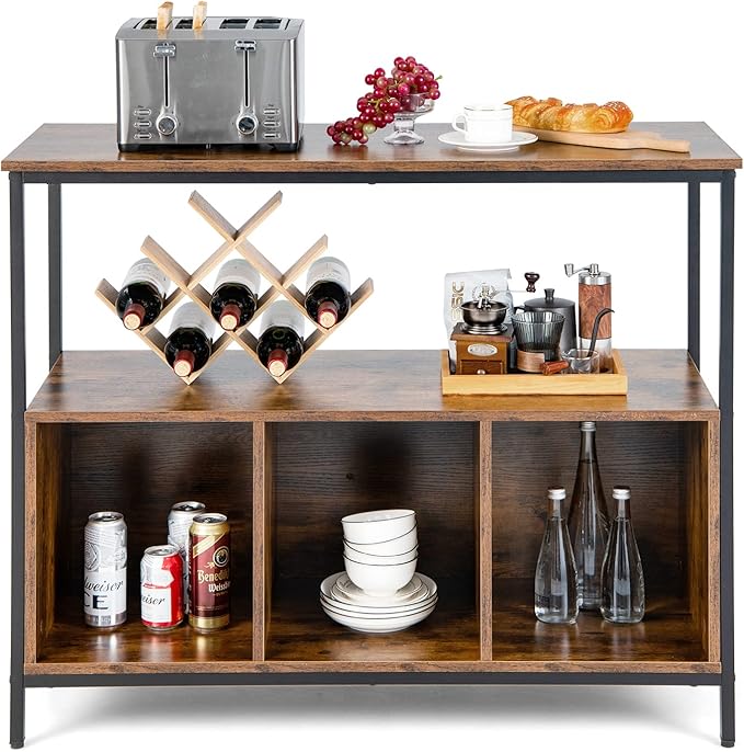 LOKO Buffet Cabinet with Open Shelves, Freestanding Kitchen Cabinet with 3-Cube Compartments, Coffee Bar Credenza Sideboard, 43.5 x 17 x 35 inches (Rustic Brown)