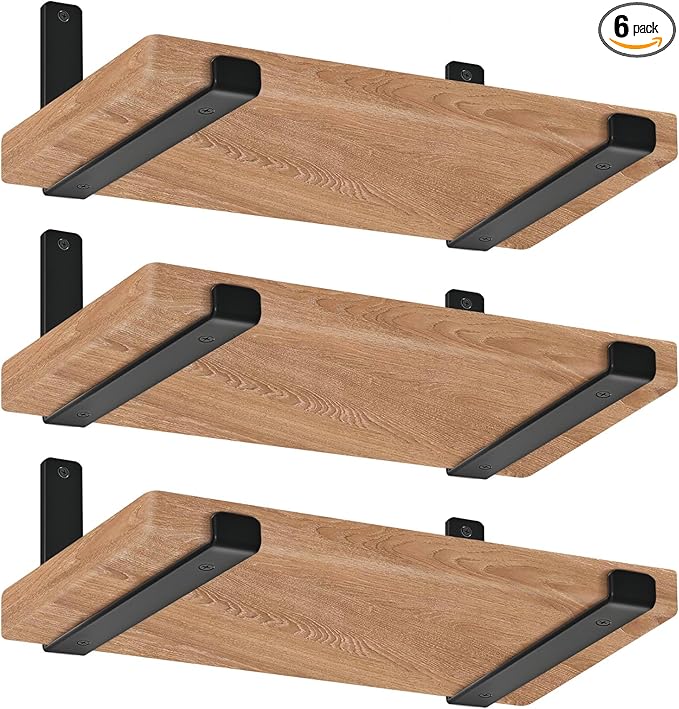 12 inch Shelf Brackets for DIY Floating Shelf, 1/5 inch Thick Heavy Duty Floating Shelf Bracket, Fit for Home, Kitchen, Bathroom, Garage, Living Room, 6-Pack Black, 11.25” x 6” x 1.5”