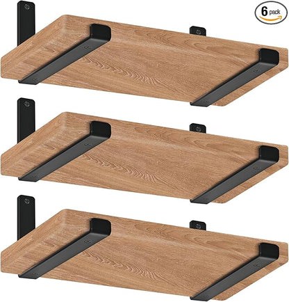 12 inch Shelf Brackets for DIY Floating Shelf, 1/5 inch Thick Heavy Duty Floating Shelf Bracket, Fit for Home, Kitchen, Bathroom, Garage, Living Room, 6-Pack Black, 11.25” x 6” x 1.5”