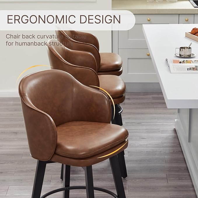 KISLOT Counter Height Barstools 26 inch Upholstered Swivel Bar Stools with Back for Kitchen Island,Set of 2,Brown PU Leather