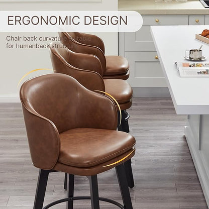 Counter Height Barstools 26 inch Upholstered Swivel Bar Stools with Back and Wood Legs for Kitchen Island,Set of 3,Brown PU Leather