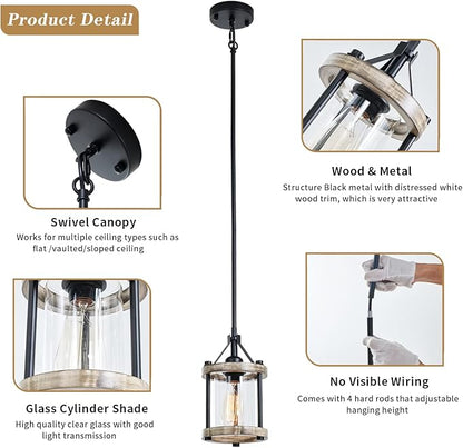Farmhouse Pendant Light, Rustic White Wood Metal Cage Hanging Light Fixtures with Glass, 43 Inch Adjustable for Flat and Slop Ceiling, Pendant Lighting for Kitchen Island Foyer Hallway, 2 Pack