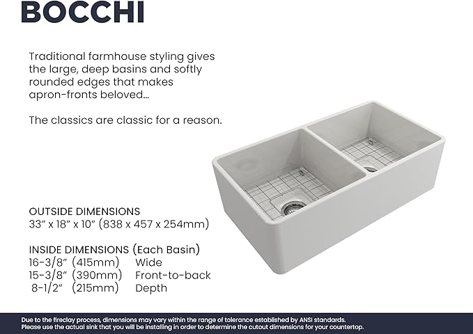 BOCCHI Classico Farmhouse Apron Front Fireclay 33 in. Double Bowl Kitchen Sink with Protective Bottom Grid and Strainer in White