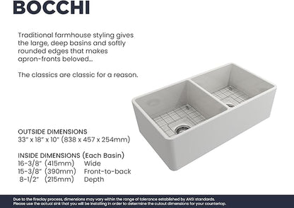 BOCCHI Classico Farmhouse Apron Front Fireclay 33 in. Double Bowl Kitchen Sink with Protective Bottom Grid and Strainer in White