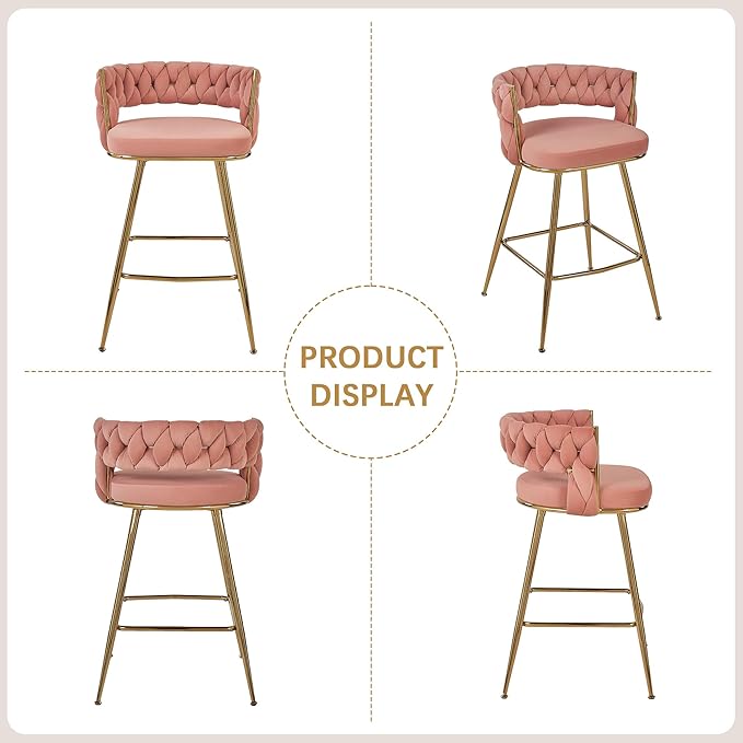 VECELO Bar Stools Set of 2, Counter Height Bar Stools, 26 inch Seat Barstools with Woven Back and Footrest for Kitchen Island Counter, Pink