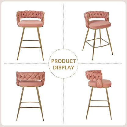 VECELO Bar Stools Set of 2, Counter Height Bar Stools, 26 inch Seat Barstools with Woven Back and Footrest for Kitchen Island Counter, Pink