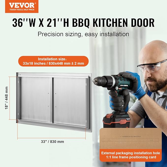 VEVOR BBQ Access Door, 36W x 21H Inch Double Outdoor Kitchen Door, Stainless Steel Flush Mount Door, Wall Vertical Door with Handles, for BBQ Island, Grilling Station, Outside Cabinet, Silver