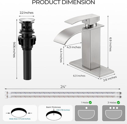 Brushed Nickel Bathroom Faucets, Waterfall Bathroom Sink Faucet Single Handle Bathroom Faucet for 1 or 3 Hole, Mixer Tap Vanity Faucet with Deck Plate, Pop-up Drain and Supply Hoses