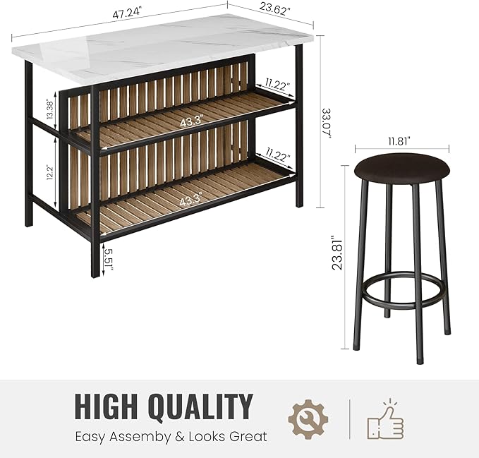 Lamerge 3 Piece Bar Table and Chairs Set,Industrial Kitchen Island Table with Storage and Seating,Faux Marble Kitchen Tables Set for 2 with Shelves,Counter Height Table Set for Small Space,White