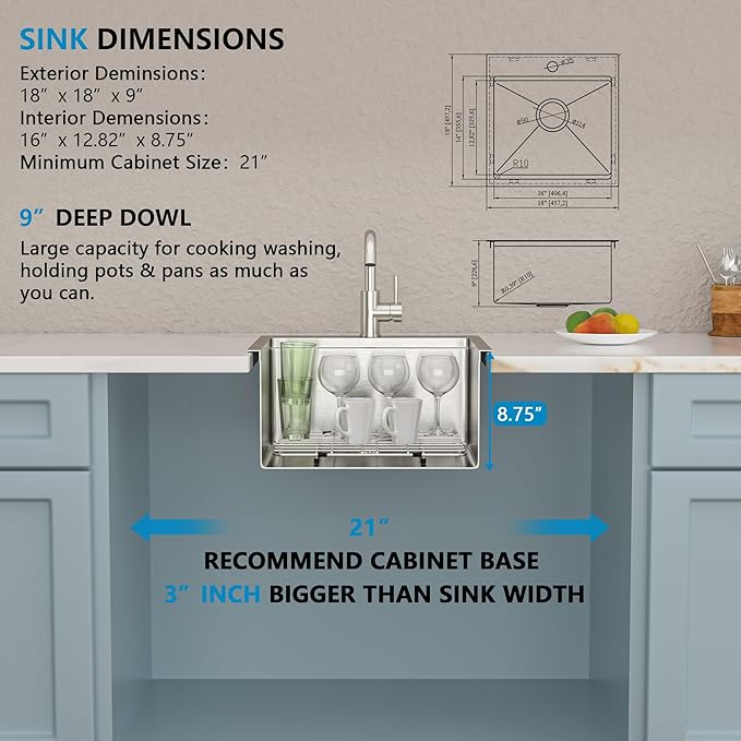 18"x18" Drop In Bar Prep Sink Workstation – 16 Gauge 304 Stainless Steel Top Mount Overmount Wet Bar RV Outdoor Kitchen Sink with Faucet