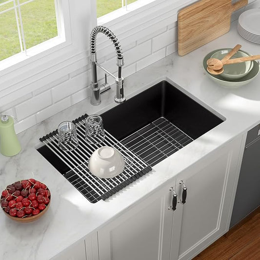 33"x19" Inch Granite Composite Kitchen Sink Matte Black Quartz Undermount Contemporary Single Bowl Kitchen Deep Sink Basin