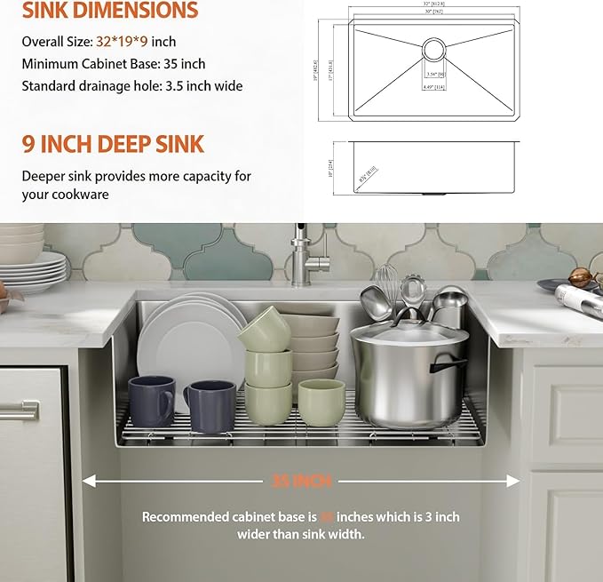 32 Inch Undermount Kitchen Sink - Fuyuoer 32x19 Inch Under Counter 16 Gauge Stainless Steel Single Bowl, 9'' Deep Basin with Round Corners